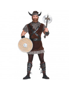 Tradineur - Disfraz de vikingo para adulto, 100% poliéster, incluye cinta con cuernos, manguitos, casaca y cinturones, atuendo d