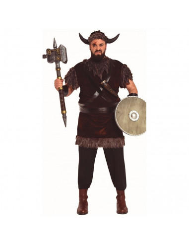 Tradineur - Disfraz de vikingo para adulto, 100% poliéster, incluye cinta con cuernos, manguitos, casaca y cinturones, atuendo d