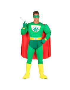 Tradineur - Disfraz de superhéroe marihuana para adulto, poliéster, incluye antifaz, capa, mono, guantes y cinturón, atuendo de