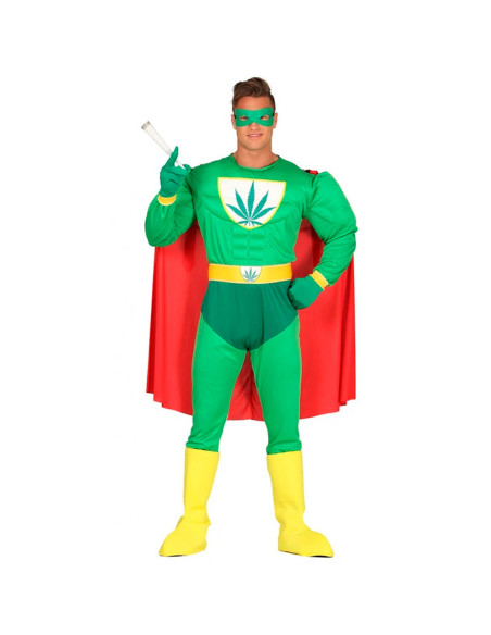 Tradineur - Disfraz de superhéroe marihuana para adulto, poliéster, incluye antifaz, capa, mono, guantes y cinturón, atuendo de Tradineur - Disfraz de superhéroe marihuana para adulto, poliéster, incluye antifaz, capa, mono, guantes y cinturón, atuendo de