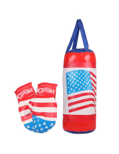 Tradineur - Saco de boxeo de juguete con guantes, PVC, diseño con bandera de Estados Unidos, USA, infantil, niños, deporte (Rojo