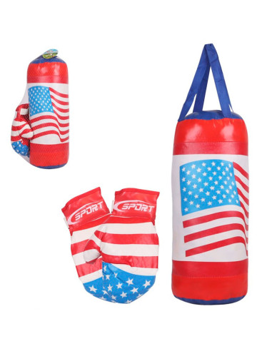 Tradineur - Saco de boxeo de juguete con guantes, PVC, diseño con bandera de Estados Unidos, USA, infantil, niños, deporte (Rojo