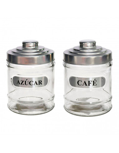 Set de azucarero y tarro para café de cristal 700 ml, botes para azúcar y café transparentes con tapa de aluminio 14,5 x 10 cm,