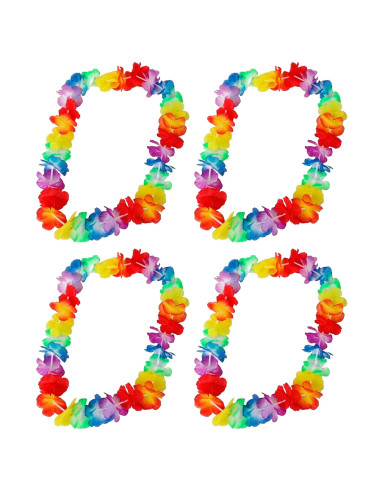 Tradineur - Pack de 4 Collares de flores hawaianas grandes multicolor - Diámetro aprox: 32 cm - Ideal para disfraces en fiestas,