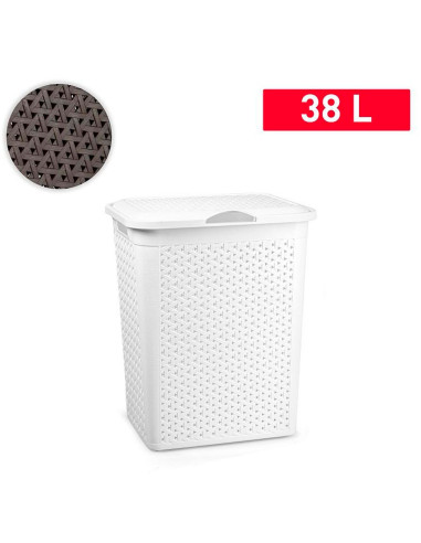 Tradineur - Cesto para ropa sucia con tapa y asas, pongotodo de plástico, cubo para colada, imitación de mimbre, fabricado en Es