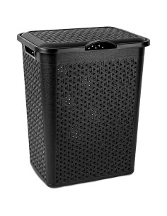 Tradineur - Cesto para ropa sucia con tapa y asas, pongotodo de plástico, cubo para colada, imitación de mimbre, fabricado en Es