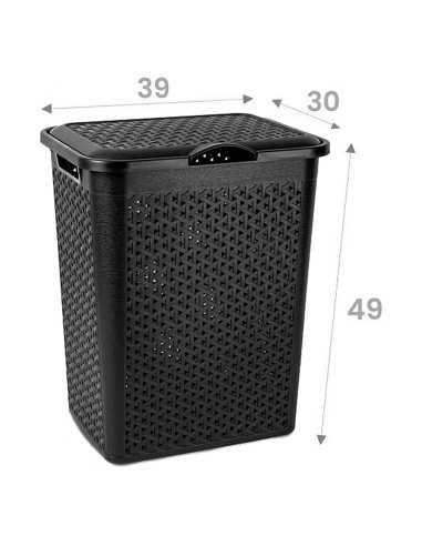 Tradineur - Cesto para ropa sucia con tapa y asas, pongotodo de plástico, cubo para colada, imitación de mimbre, fabricado en Es