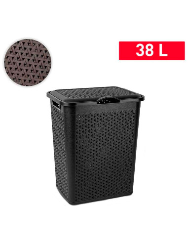 Tradineur - Cesto para ropa sucia con tapa y asas, pongotodo de plástico, cubo para colada, imitación de mimbre, fabricado en Es