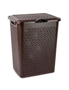 Tradineur - Cesto para ropa sucia con tapa y asas, pongotodo de plástico, cubo para colada, imitación de mimbre, fabricado en Es