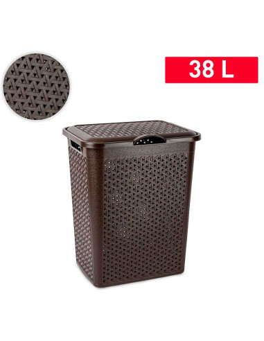 Tradineur - Cesto para ropa sucia con tapa y asas, pongotodo de plástico, cubo para colada, imitación de mimbre, fabricado en Es