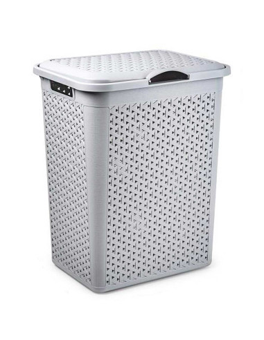 Tradineur - Cesto para ropa sucia con tapa y asas, pongotodo de plástico, cubo para colada, imitación de mimbre, fabricado en Es