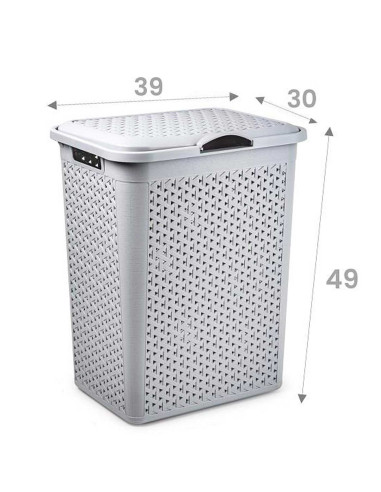 Tradineur - Cesto para ropa sucia con tapa y asas, pongotodo de plástico, cubo para colada, imitación de mimbre, fabricado en Es
