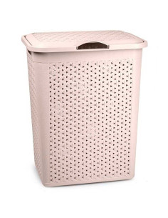 Tradineur - Cesto para ropa sucia con tapa y asas, pongotodo de plástico, cubo para colada, imitación de mimbre, fabricado en Es