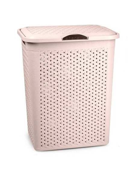 Tradineur - Cesto para ropa sucia con tapa y asas, pongotodo de plástico, cubo para colada, imitación de mimbre, fabricado en Es