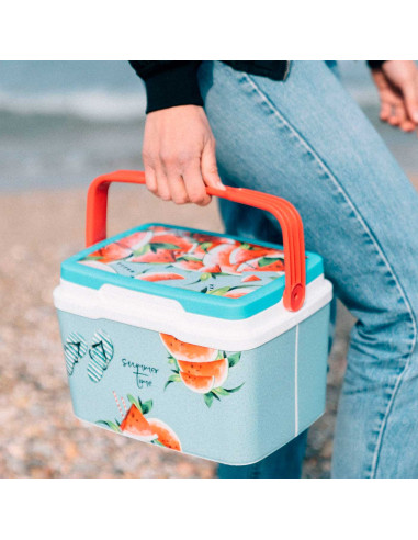Tradineur - Nevera portátil rígida decorada con asa, polipropileno, porta alimentos y bebidas para playa, acampada, fabricada en