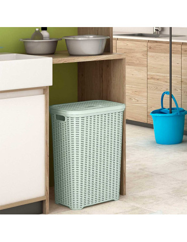 Tradineur - Cesto para ropa sucia con asas y tapa, pongotodo rattan de plástico, cubo para colada, imitación mimbre, fabricado e