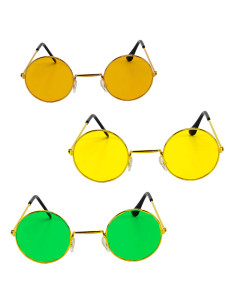 Tradineur - Pack de 3 gafas hippie, plástico y metal, complemento para disfraces, carnaval, Halloween, cosplay, fiestas (Adulto