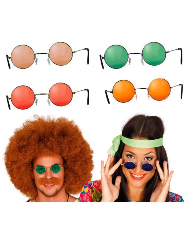 Tradineur - Pack de 3 gafas hippie, plástico y metal, complemento para disfraces, carnaval, Halloween, cosplay, fiestas (Adulto