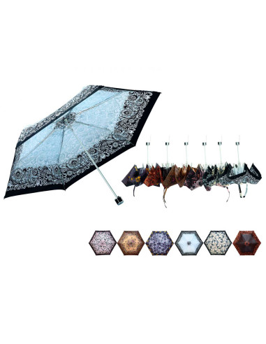 Tradineur - Paraguas plegable estampado de mujer, poliéster, apertura manual, 6 varillas de aluminio/fibra, compacto, viaje, 56