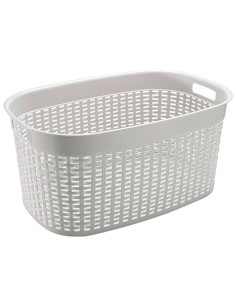 Tradineur - Cesta rectangular ovalada de plástico con asas para la colada, diseño rattan, imitación de mimbre, fabricada en Espa