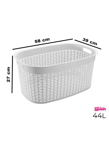 Tradineur - Cesta rectangular ovalada de plástico con asas para la colada, diseño rattan, imitación de mimbre, fabricada en Espa