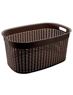 Tradineur - Cesta rectangular ovalada de plástico con asas para colada, diseño rattan, imitación de mimbre, fabricada en España