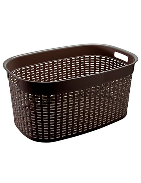 Tradineur - Cesta rectangular ovalada de plástico con asas para colada, diseño rattan, imitación de mimbre, fabricada en España