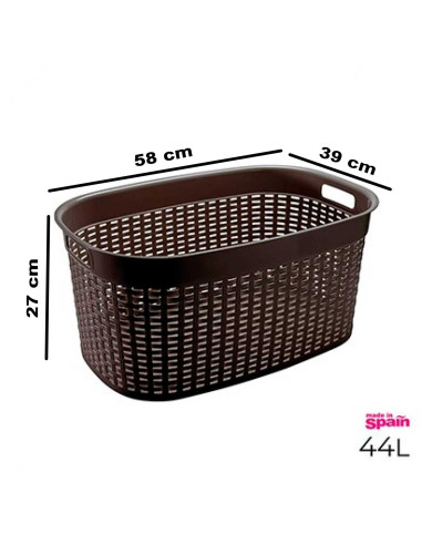 Tradineur - Cesta rectangular ovalada de plástico con asas para colada, diseño rattan, imitación de mimbre, fabricada en España