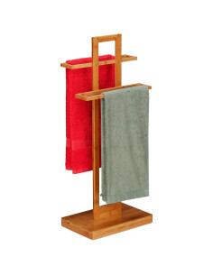 Tradineur - Toallero de pie de 2 Niveles - Fabricado en Bambú - Diseño Rectangular y resistente a la humedad - 37 x 25 x 85 cm