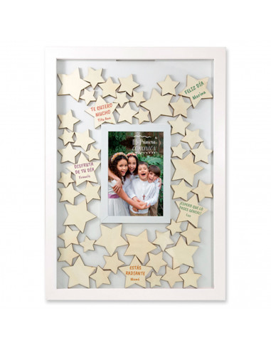 Tradineur - Marco de los deseos, incluye 50 estrellas, madera y cristal, sobremesa y pared, Primera Comunión, cumpleaños, decora