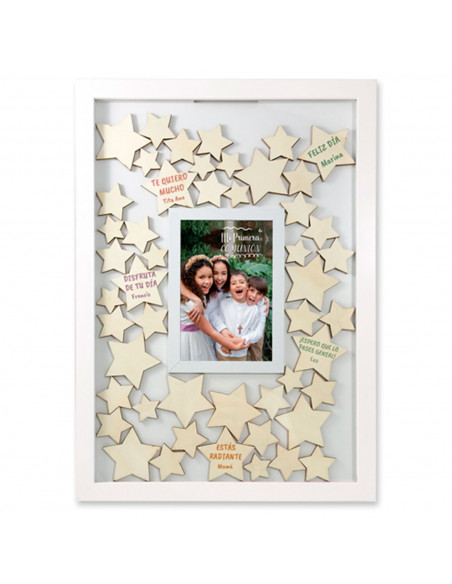 Tradineur - Marco de los deseos, incluye 50 estrellas, madera y cristal, sobremesa y pared, Primera Comunión, cumpleaños, decora