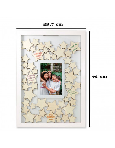 Tradineur - Marco de los deseos, incluye 50 estrellas, madera y cristal, sobremesa y pared, Primera Comunión, cumpleaños, decora