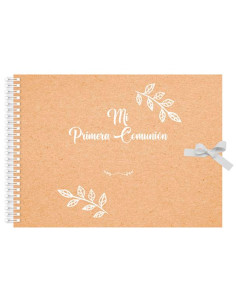 Tradineur - Libro de Primera Comunión personalizable, diseño hojas, incluye pegatinas y cierre con lazo, dedicatorias, regalos,