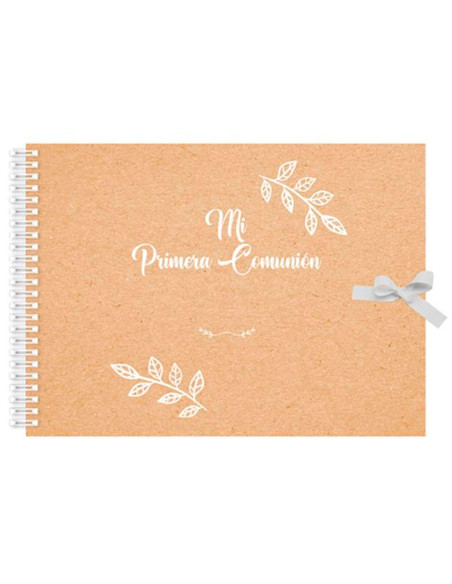 Tradineur - Libro de Primera Comunión personalizable, diseño hojas, incluye pegatinas y cierre con lazo, dedicatorias, regalos,