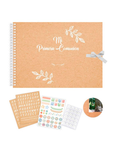 Tradineur - Libro de Primera Comunión personalizable, diseño hojas, incluye pegatinas y cierre con lazo, dedicatorias, regalos,