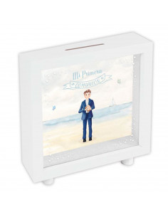 Tradineur - Hucha de Primera Comunión, madera y cristal estampado, personalizable con foto de 13,3 x 13,3 cm, regalo original, 1