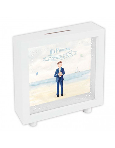 Tradineur - Hucha de Primera Comunión, madera y cristal estampado, personalizable con foto de 13,3 x 13,3 cm, regalo original, 1