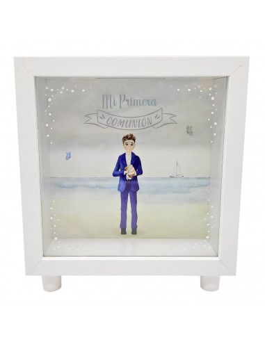 Tradineur - Hucha de Primera Comunión, madera y cristal estampado, personalizable con foto de 13,3 x 13,3 cm, regalo original, 1