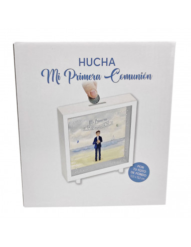 Tradineur - Hucha de Primera Comunión, madera y cristal estampado, personalizable con foto de 13,3 x 13,3 cm, regalo original, 1