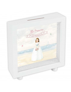 Tradineur - Hucha de Primera Comunión, madera y cristal estampado, personalizable con foto de 13,3 x 13,3 cm, regalo original, 1