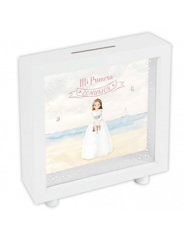 Tradineur - Hucha de Primera Comunión, madera y cristal estampado, personalizable con foto de 13,3 x 13,3 cm, regalo original, 1
