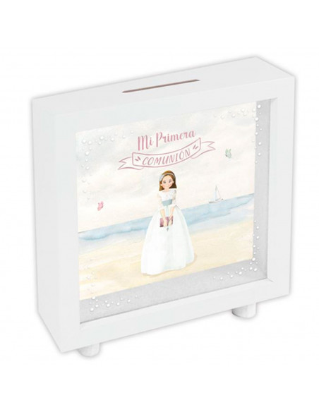 Tradineur - Hucha de Primera Comunión, madera y cristal estampado, personalizable con foto de 13,3 x 13,3 cm, regalo original, 1