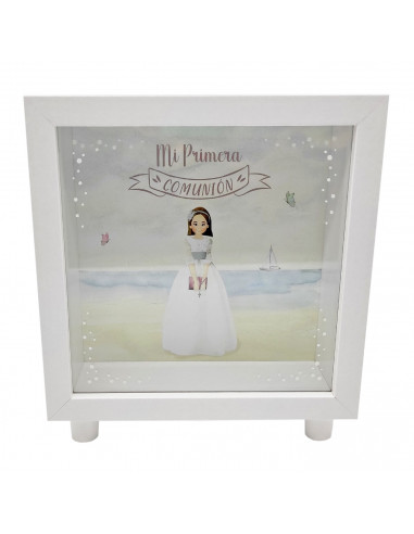 Tradineur - Hucha de Primera Comunión, madera y cristal estampado, personalizable con foto de 13,3 x 13,3 cm, regalo original, 1