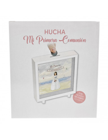 Tradineur - Hucha de Primera Comunión, madera y cristal estampado, personalizable con foto de 13,3 x 13,3 cm, regalo original, 1