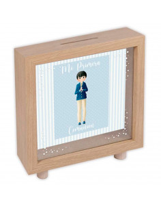 Tradineur - Hucha de Primera Comunión, madera y cristal estampado, personalizable con foto de 13,3 x 13,3 cm, regalo orignal, 16