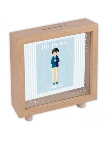 Tradineur - Hucha de Primera Comunión, madera y cristal estampado, personalizable con foto de 13,3 x 13,3 cm, regalo orignal, 16