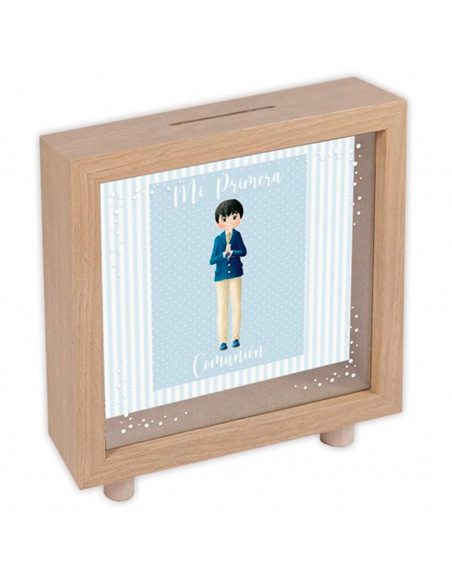 Tradineur - Hucha de Primera Comunión, madera y cristal estampado, personalizable con foto de 13,3 x 13,3 cm, regalo orignal, 16