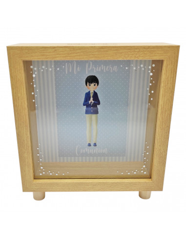 Tradineur - Hucha de Primera Comunión, madera y cristal estampado, personalizable con foto de 13,3 x 13,3 cm, regalo orignal, 16