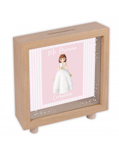 Tradineur - Hucha de Primera Comunión, madera y cristal estampado, personalizable con foto de 13,3 x 13,3 cm, regalo orignal, 16