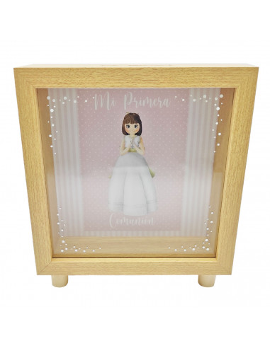 Tradineur - Hucha de Primera Comunión, madera y cristal estampado, personalizable con foto de 13,3 x 13,3 cm, regalo orignal, 16